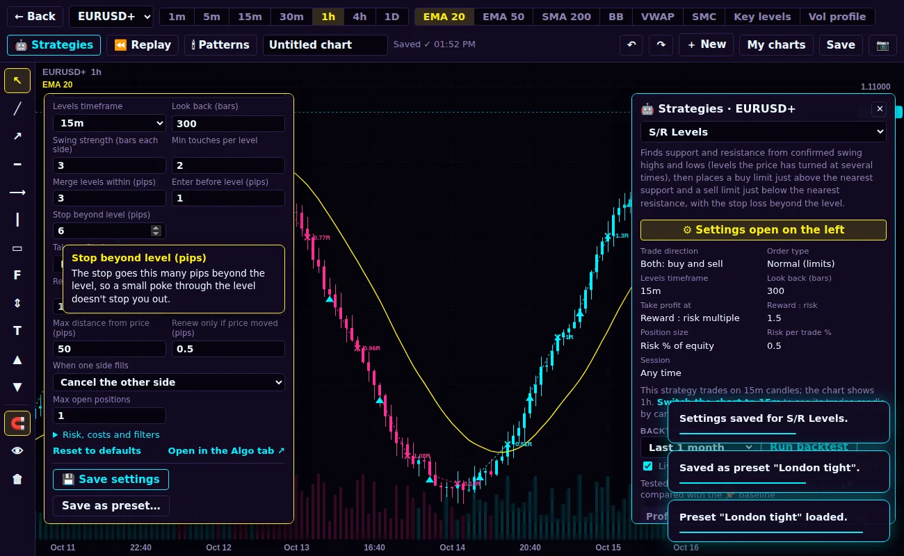 Strategy settings on the left and live backtest results on the right