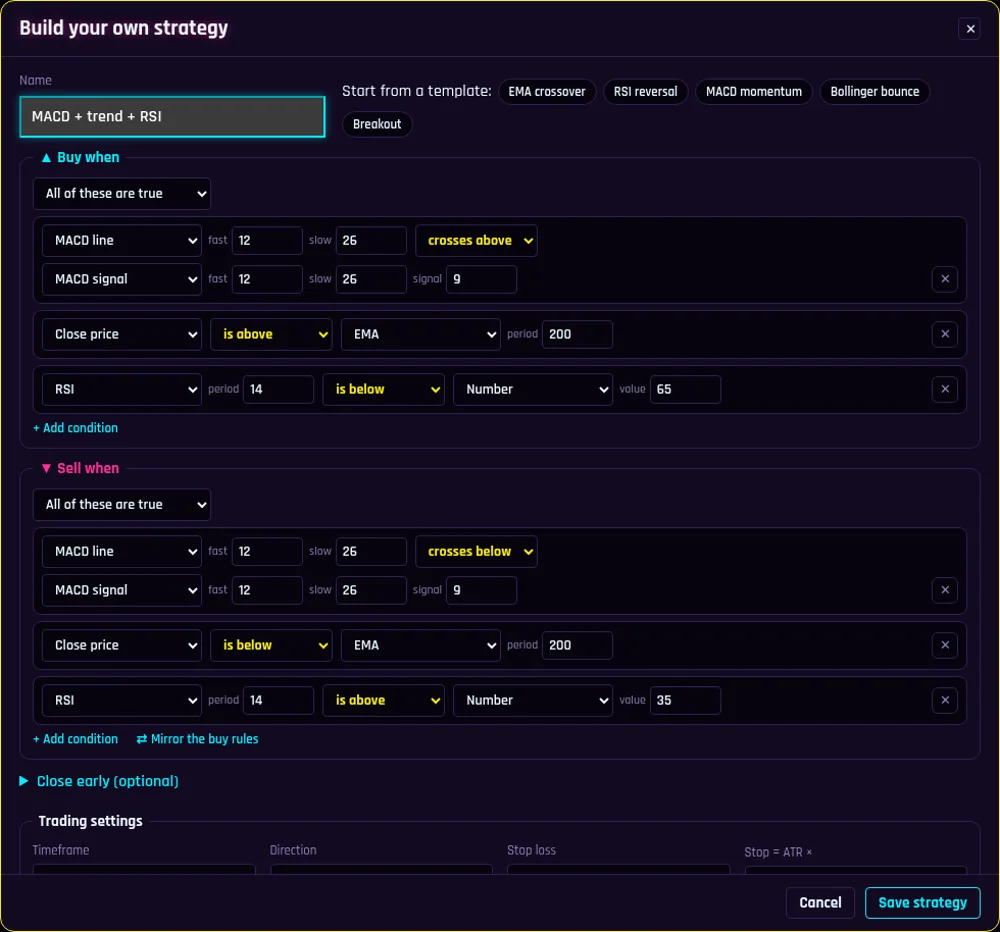 The strategy builder with buy and sell rules made from MACD, EMA and RSI